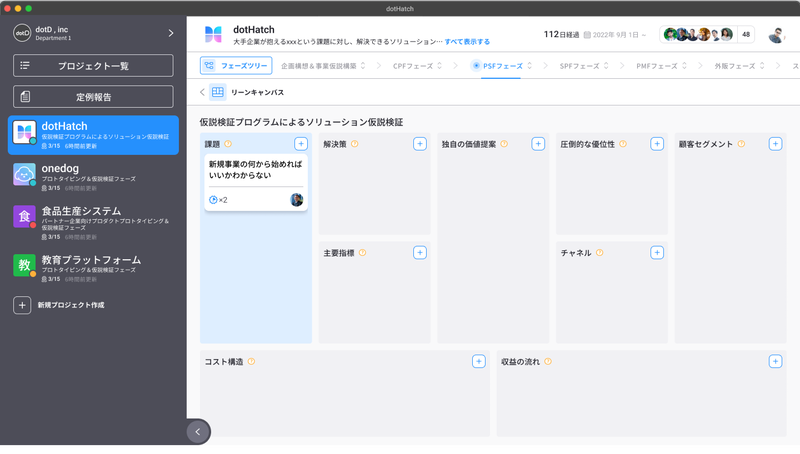 リーンキャンバス機能のキャプチャ画像
